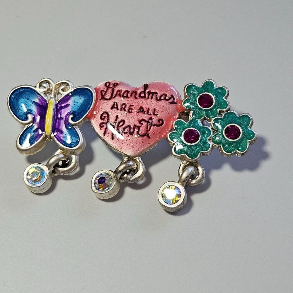 AJMC Silver Tone Vintage Grandma Brooch Butterfly Flowers Heart